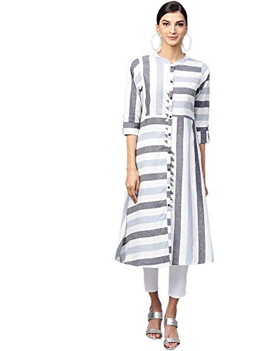 Image of INDO ERA Women's Cotton Striped A-Line Kurta(IE14KT3OW1012)