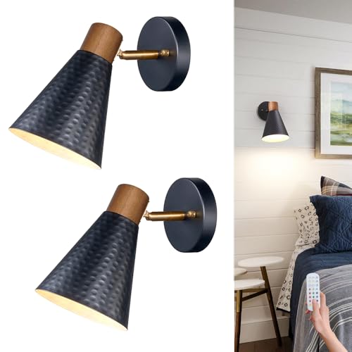 Image of Modern Battery Operated Wall Sconces Set of Two, Black Rechargeable Sconces with Metal Shade, Dimmable Wireless Wall Light Fixture with Remote Control for Bedroom Hallway Vanity(Include 2 RGB Bulbs）