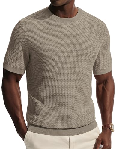 Image of PJ PAUL JONES Mens T-Shirts Short Sleeve Crew Neck Tshirt Solid Knitted Tee Mens Tops Khaki L