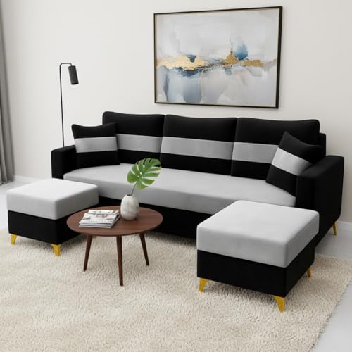 Image of SOCOZI Bastian 5 Seater L Shape Sofa Set with 2 Movable Ottomans | Flexible Layout | Soft Velvet Suede Fabric|Modern Sofa | Plush Comfort Cushions for Living Room (Black and Light Grey) | Breathable Material