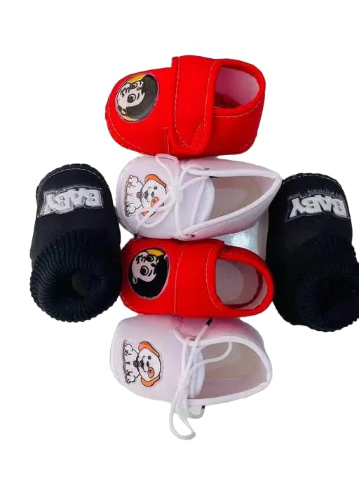 Advik Unisex Newborn Baby Booties First Walking Shoes Sandals with Anti Slip Sole Footwear 0-12 Months (Set of 3) Black, Red, White (6_Months)