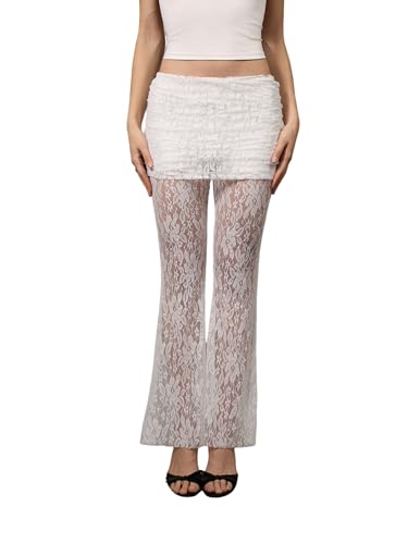 Verdusa Women's Floral Lace Sheer Long Bell Pants High Rise Ruched Flared Bottom