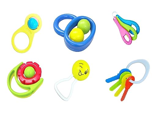 Image of Babify BPA-Free Non Toxic Colorful Plastic 4 Shake & Grab Rattles & 2 Soothing Tennis & Key Teether for Babies & Infants, Early Age Toys for New Borns (Set of 6, Multicolor)