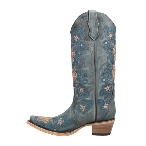 Corral Boots Womens Floral Embroidered Snip Toe Pull On Casual Boots Mid Calf Mid Heel 2-3" - Blue3