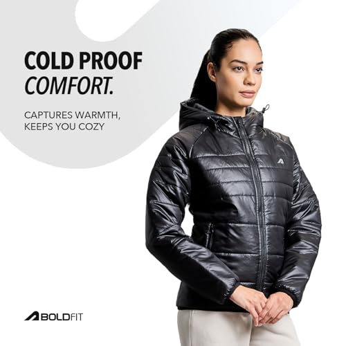 Image of Boldfit jacket for woman puffer winter jacket for woman standard length jackets for women stylish latest hooded winter wear jackets for women cozy jerkins for ladies