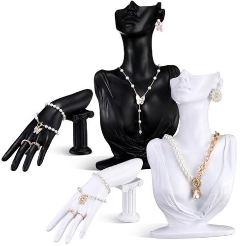 Yalikop 4 Pack Resin Jewelry Mannequin Display Set Necklace Earring Display Stand and Female Mannequin Hand Ring Bracelet Holder Bust Organizer Black White for Shows Selling Home Decor (Elegant)