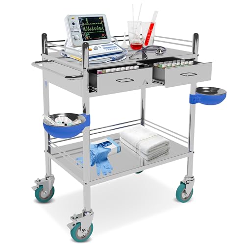 Avicenna Innovations Top-Grade Stainless Steel 2 Tier Rolling Cart with Table Top and Deep Drawers | Medical Trolley Nursing Cart (Assembly Instructions in Product Video)