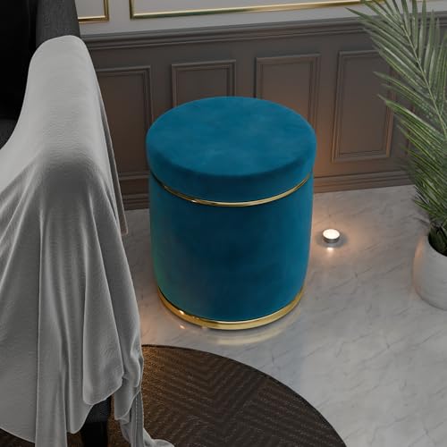 Image of ETIQUETTE ART Upholstered Velvet Round Dual Strip Ottoman Office Stool Foot Rest Stool Linen Fabric Padded Seat Pouf Ottoman with Round Shape for Living Room (Aqua)