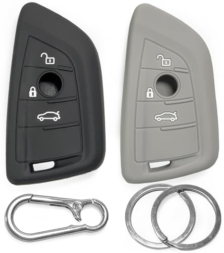 2-Pack Click&Fit Silicone Key Fob Covers compatible with BMW 2008-2020 Series: 1 2 3 4 5 6 7, 2010-2022 X1 X2 X3 X4 X5 X6 – Car remote key shell rubber case 3-Buttons, Black+Grey