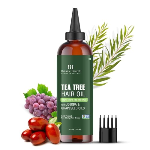 Botanic Hearth Teebaumöl 118 ml (4Fl Oz) 100% rein, natürlich und kaltgepresst, mit Jojoba- und Traubenkernöl | beruhigt juckende Kopfhaut und bekämpft Schuppen | gentechnikfrei