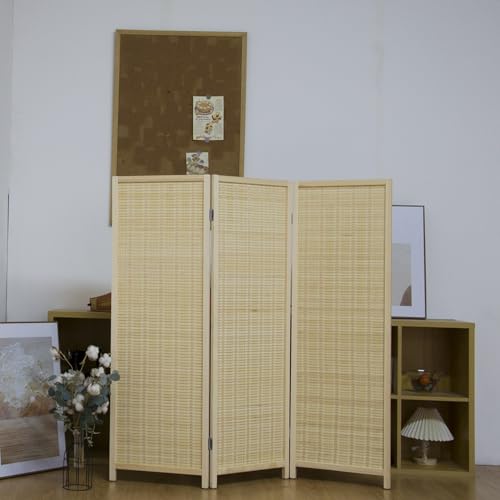 3 Panel Short Panel Divider Screen,3.95 FT Tall Bamboo Room Divider Folding Privacy Screen,Short Panel Divider Freestanding Room Divider for Room Seperation,Beige