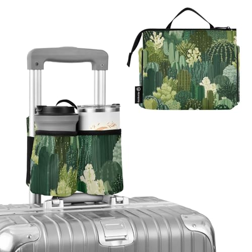 Image of Luggage Cup Holder for Suitcases Free Hands Suitcase Cup Holder Travel Luggage Drink Holder Portable Luggage Cup Caddy Bag Carrier with Handle Green Cacti Plants