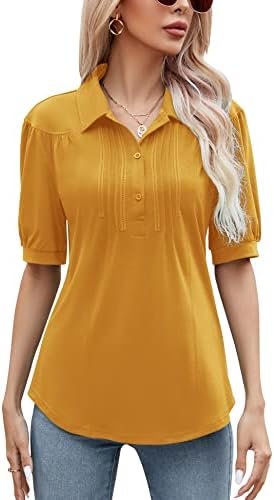 Micoson Women’s V Neck Polo Shirts Short Sleeve Button Down Collared Tops Loose Casual Tunic Blouses