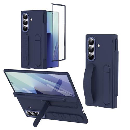 HUOLUNGJIN リストバンド Samsung Galaxy Z Fold 7 2025 Sペンスロット付きケース、リストストラップ&キックスタンド、ヒンジ保護 + スクリーンプロテクター、スタイラス付き (ブルー)