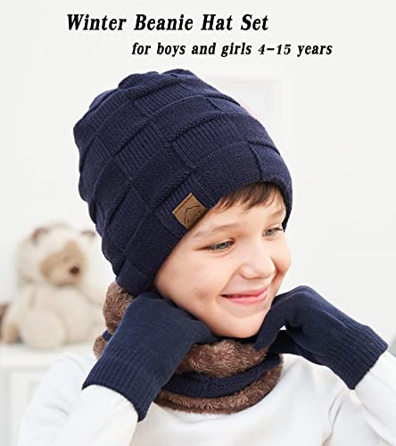 Image of KMOLY Kids Winter Beanie Hat Scarf Touchscreen Gloves Set for Boys Girls 4-15 Years Warm Skull Cap Fleece Lined Knitted Hat