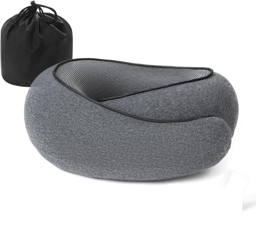 HUALEI-V Portable Travel Pillow,Memory Foam Neck Pillow for Travel,Neck Support Pillow for Airplane with Eyemask,Earplugs and Storage Bag(Grey)