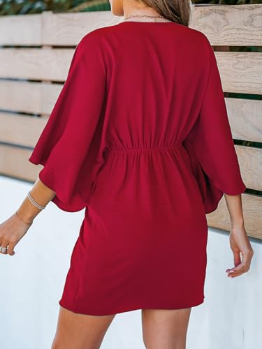 Image of CUPSHE Womens Vacation Mini Summer Dress V Neck Kimono Sleeve Belted Flowy Loose Resort Wear Casual Beach Cover Up Dress