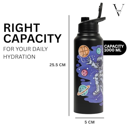 Image of VOIK Stainless Steel Printed Water Bottle 1000ml with UV Astronaut Print | Leakproof Water Bottle for Kids, Office, School, Gym, Sports & Travel | BPA Free, Rust Resistant (Astronaud Sipper 1000ml)