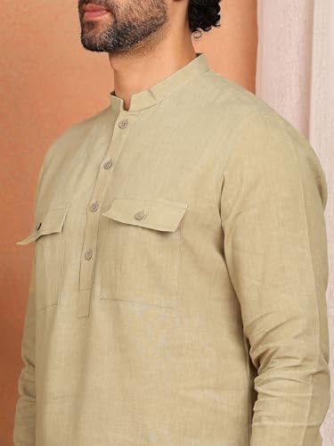Image of See Designs Men's Full Sleeve Mandarin Collar Linen Solid Pathani Set