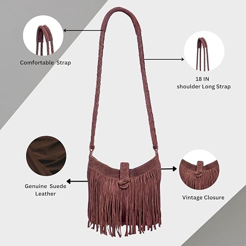 Image of Fringe Crossbody Purse for Women, Genuine Leather, Women Crossbody Boho Purse Tassel, Vintage Hobo Handbag