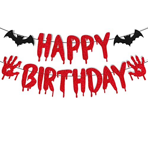 Halloween Happy Birthday Banner Bloody Hand Scary Bat Horror Vampire Zombie Theme Decorations For Kids Boy Girl Halloween Red Glitter Party Supplies #TOP13
