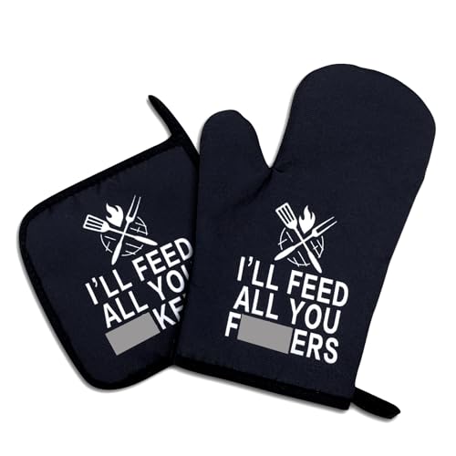 I'll Feed All You Fuckers, Funny Oven Mitts and Pot Holders Set of 2, Silicone Non-Slip Oven Mitts, Kitchen Gift for Men and Women, Cooking Baking BBQ and Housewarming Gifts