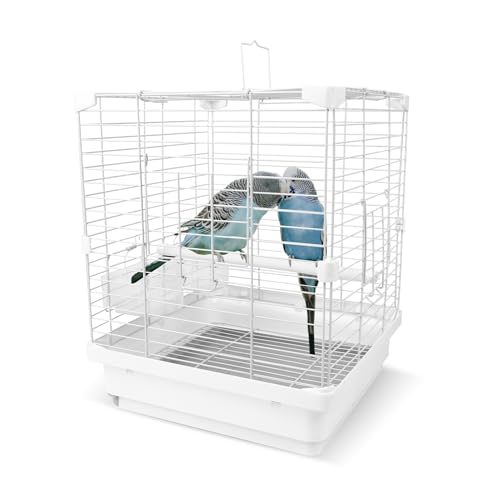 Small Bird Cage for Parakeets, Budgies & Canaries and More Small Birds - Lightweight Travel Birdcage & Bird Carrier with Handle, Stand, Removable Tray, Portable for Hanging, Outdoor Use, White