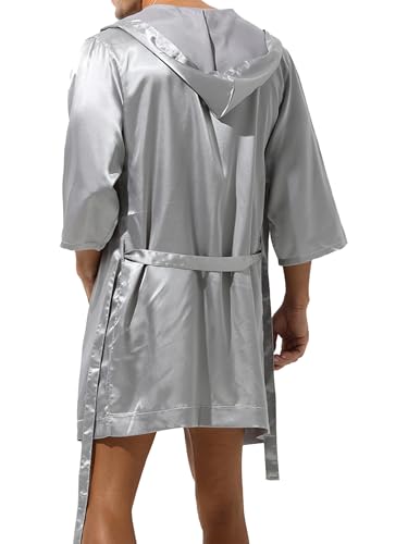 ACSUSS Men Sexy Shiny Satin Pajamas Hombre Hooded Bathrobe Belted Bath Robe Sleepwear Without Shorts2