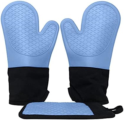 Ecoberi Oven Mitt and Pot Holder Set - Heat Resistant Silicone, Non-Slip Grip, Cotton Lining, Cook, Bake, BBQ, Set of 3, Light Blue