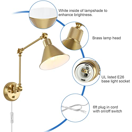 Image of TRLIFE Wall Sconces Plug in, Dimmable Wall Sconces Brushed Brass Swing Arm Wall Lights Plug in Wall Mounted Light Industrial Wall Lights with 6FT Plug in Cord, E26 Base, UL Listed(Two Arms, 2 Pack)