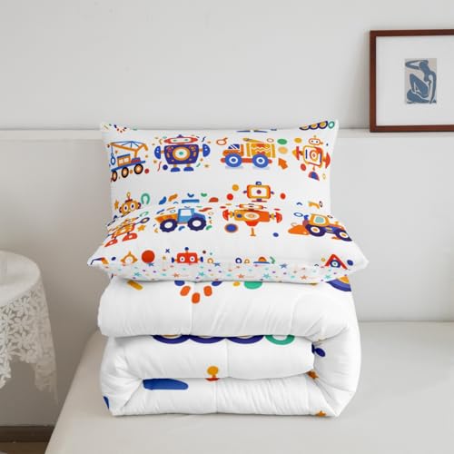 Image of Feelyou Cute Robots Bedding Set Kids Boys Girls Truck Tractor Excavator Comforter Set Toddler Size Watercolor Machine Equipment Duvet Insert Colorful Kawaii Room Decor,Blue Yellow
