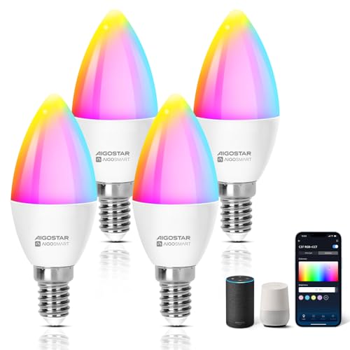 Aigostar Bombilla Inteligente E14 SL2 Bombilla Alexa LED 6.5W Bombillas Wifi RGB & 2700K-6500K Regulable, Sincronización con la música, Conexión rápida, compatible con Alexa y Google Home, 4 Unidades.