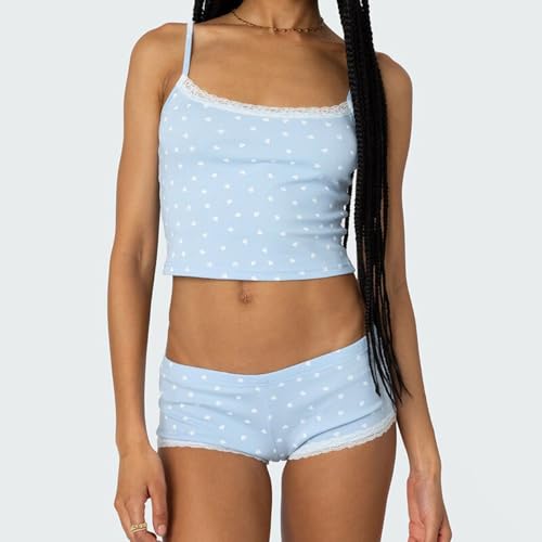 Image of Yuemengxuan Women Y2k Polka Dot Pajamas Sets 2 Piece Sexy Summer Outfits Set Sleeveless Strappy Cami Top Crop Top Shorts Set