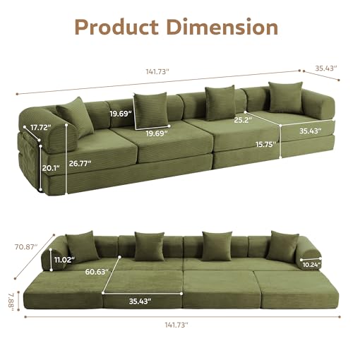 Image of 142 inch 7-in-1 Convertible Modular Sectional Sofa Bed, Green | Corduroy Fabric, Reinforced Frame, Deep Seat, Storage Bag, Tool-free Assembly for Living Room