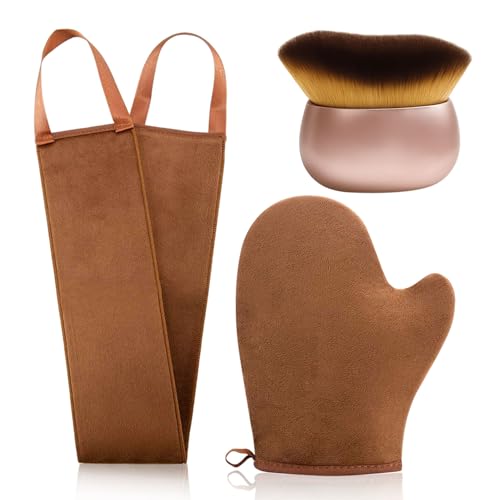 Image of FUNAN Self Tanning Applicator Kit with Soft Mitt, Back Lotion Strap, and Ultra Soft Rose Gold Kabuki Brush, Brown, 3 Piece Set