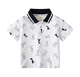 Toddler Baby Fashion Boys Polo Tee Shirt Turndown Collar Dino Printed Striped Polo Shirt Top Casual Sport Tee (White,120/4-5 Y,Unisex,Big Kid,US,Age,4 Years,5 Years)