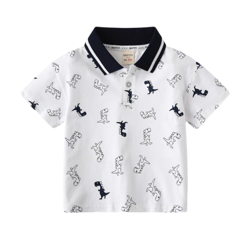 Toddler Baby Fashion Boys Polo Tee Shirt Turndown Collar Dino Printed Striped Polo Shirt Top Casual Sport Tee (White,120/4-5 Y,Unisex,Big Kid,US,Age,4 Years,5 Years)