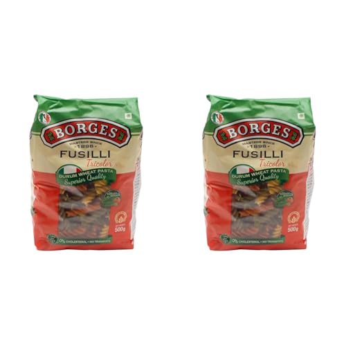 Image of Borges Tricolor Fusilli Pasta | 100% Durum Wheat Semolina | High in Protein & Fiber | Contains Real Vegetables | Imported from Italy | 500 Grams (Pack of 2)