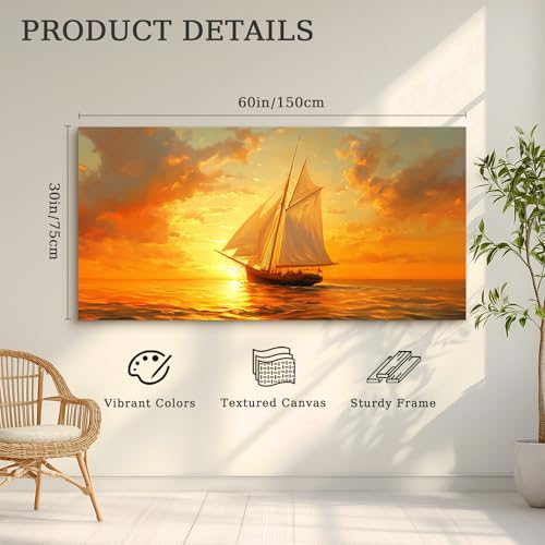 crmotu Sailboat Wall Art, Large Landscape Wall Art, Nautical Wall Decor, Sunset Painting Canvas Prints, Ocean Pictures for Living Room Bedroom Dining Room Hallway Office Home Hotel Artwork 30x60inch