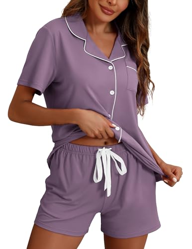 Image of ZMJ Pajamas for Women Set 2 Piece Pj Short Sets Bride Sleepwear Button Up Violet XL