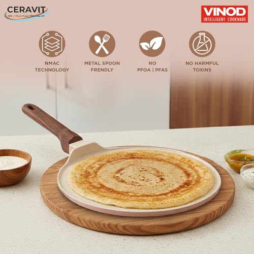 Image of Vinod Ceravit Ceramic Non Stick Dosa Tawa 27 cm | 100% Toxin Free | Tava for Dosa, Roti, Chapati & Uttapam | 5.2 mm Thick Bottom | PFAS & PFOA Free | Induction & Gas Compatible | Metal Spoon Friendly