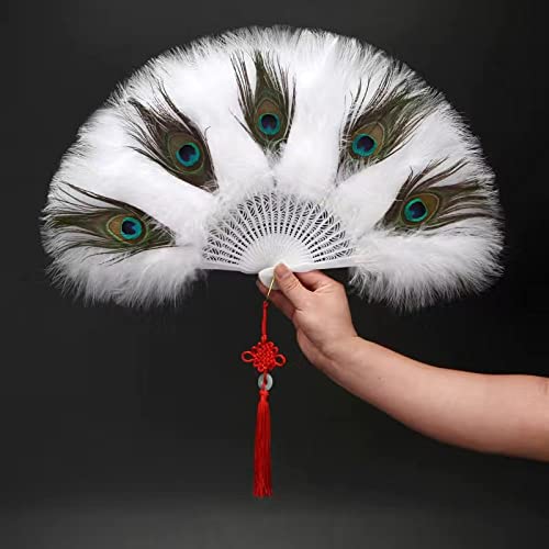 KHJH Eventail Mariage, Éventail De Plumes De Paon Blanc Éventail À Main Blanc Gothique Pliable avec Pompon Ventilateurs Chinois Faits À La Main À La Mode Ventilateur Pliant De Poche pour Cadeaux De Cover