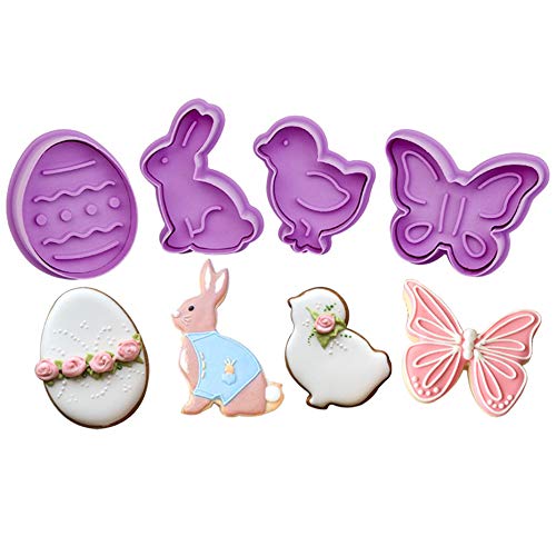 KAISHANE Cortador de Galletas de Pascua - plastico de 5 Piezas Pollo Huevo Trébol Conejito - Ideal para pastelería Fruta fondan sándwiches para bebés