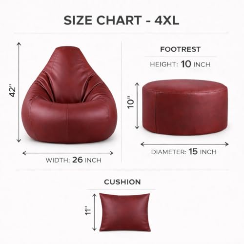 Image of 4XL Tear Drop Bean Bag with Footrest & Cushion | Premium Leatherette Bean Bag Cover | XXXXL Lounger Chair for Living Room | Without Beans | Upto 150 Kg (Wine, XXXXL)
