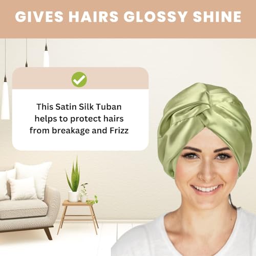 Image of Atrube's Silk Satin Hair Bonnet Reversible Sleep Cap with adjustable tie band Shower Cap, Reusable waterproof elastic bathroom cap And Scrunchies Silk bonnet for hair (Green)