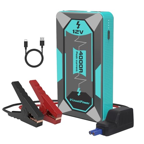 VisualPower 4000A Jump Starter - 9-Safety Smart Clamps, Portable Car Battery Booster for Trucks/SUVs/RVs (7L Gas & 5L Diesel), 12V Emergency Power Bank with Fast Charging & LED Flashlight