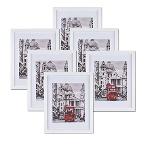 Image of 11x14 Picture Frame Set of 6, Display Pictures 8x10 with Mat or 11x14 without Mat, Tabletop Display and Wall Hanging, Made of Solid wood, Classic photo Frame for Wall Gallery Home Decor, White