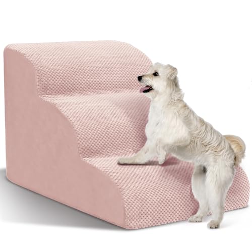 Dog Stairs for Small Dogs - High Density Foam Pet Steps, Extra Wide Dog Ramp with Non-Slip Bottom for High Beds, Couch and Sofa, Best for Dogs Injured, Older Doggy Cats,3 Steps, Pink