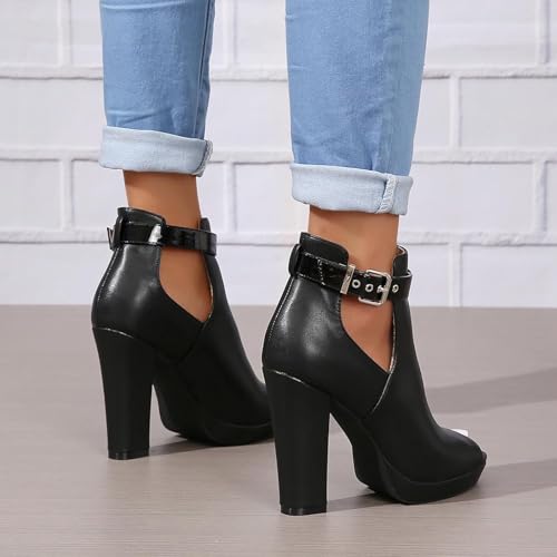 Women's Open Peep Toe Booties Cutout Side Strap Buckle Chunky Block Heel Sandal Fashion Short Ankle Boots Dressy Sandals3