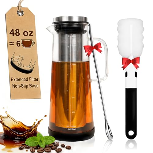 carrottimes Cold Brew Kaffeemaschine 1 4L/48oz mit Griff Verlängerter Edelstahlfilter für Tiefextraktion Eistee-Krug mit Anti-Rutsch-Basis inklusive Reinigungsbürste & Langem Rührlöffel